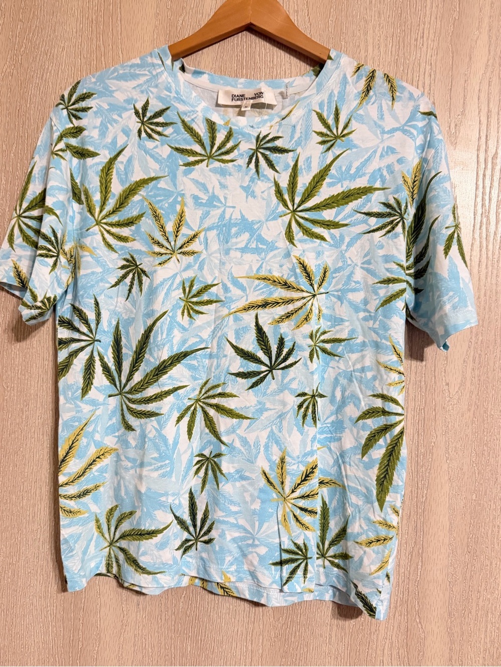 Diane Von Furstenberg Light Blue Tee with Green Leaf Print